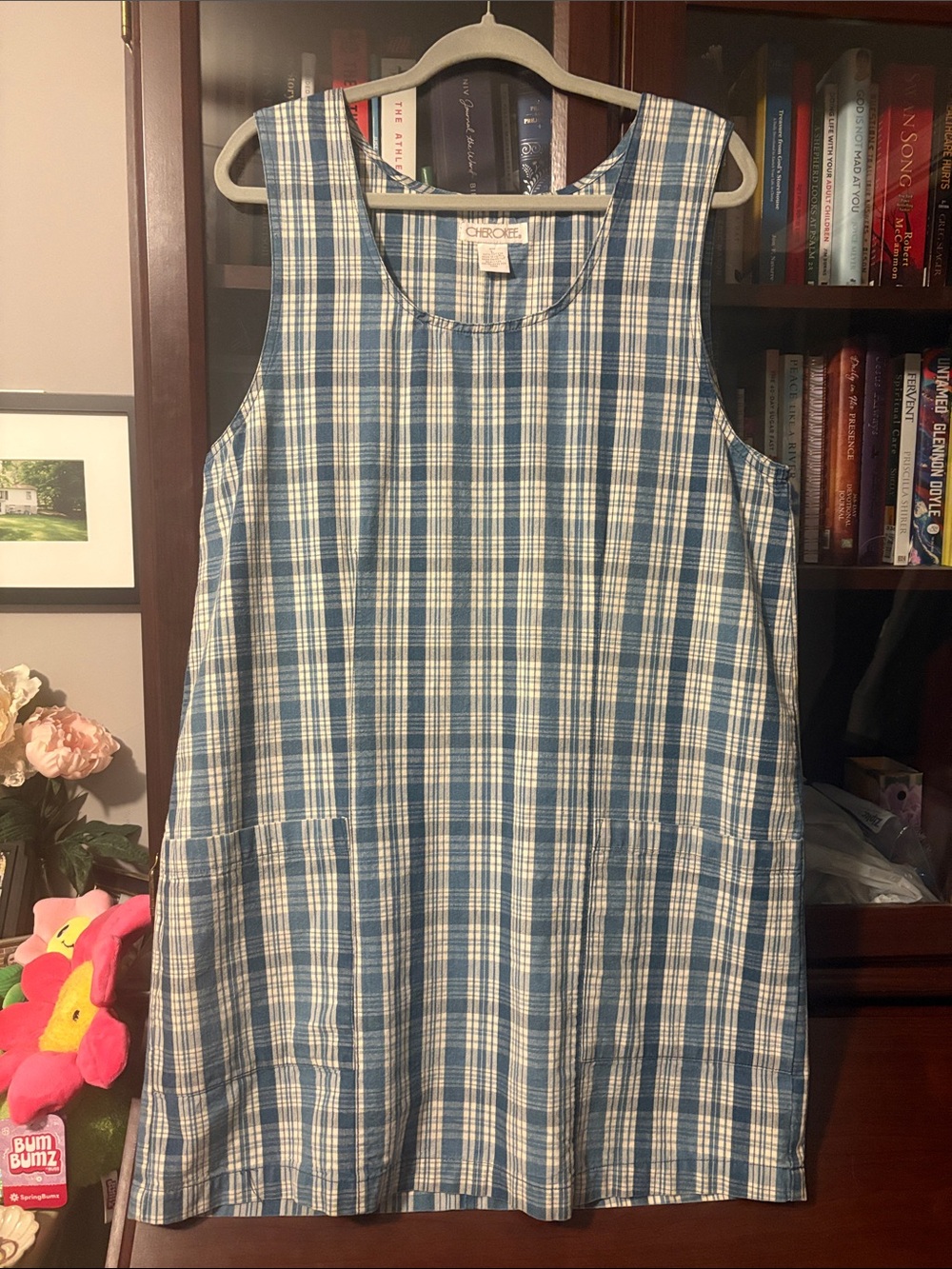 Vintage Cherokee Blue and White Plaid Sleeveless Shift Dress